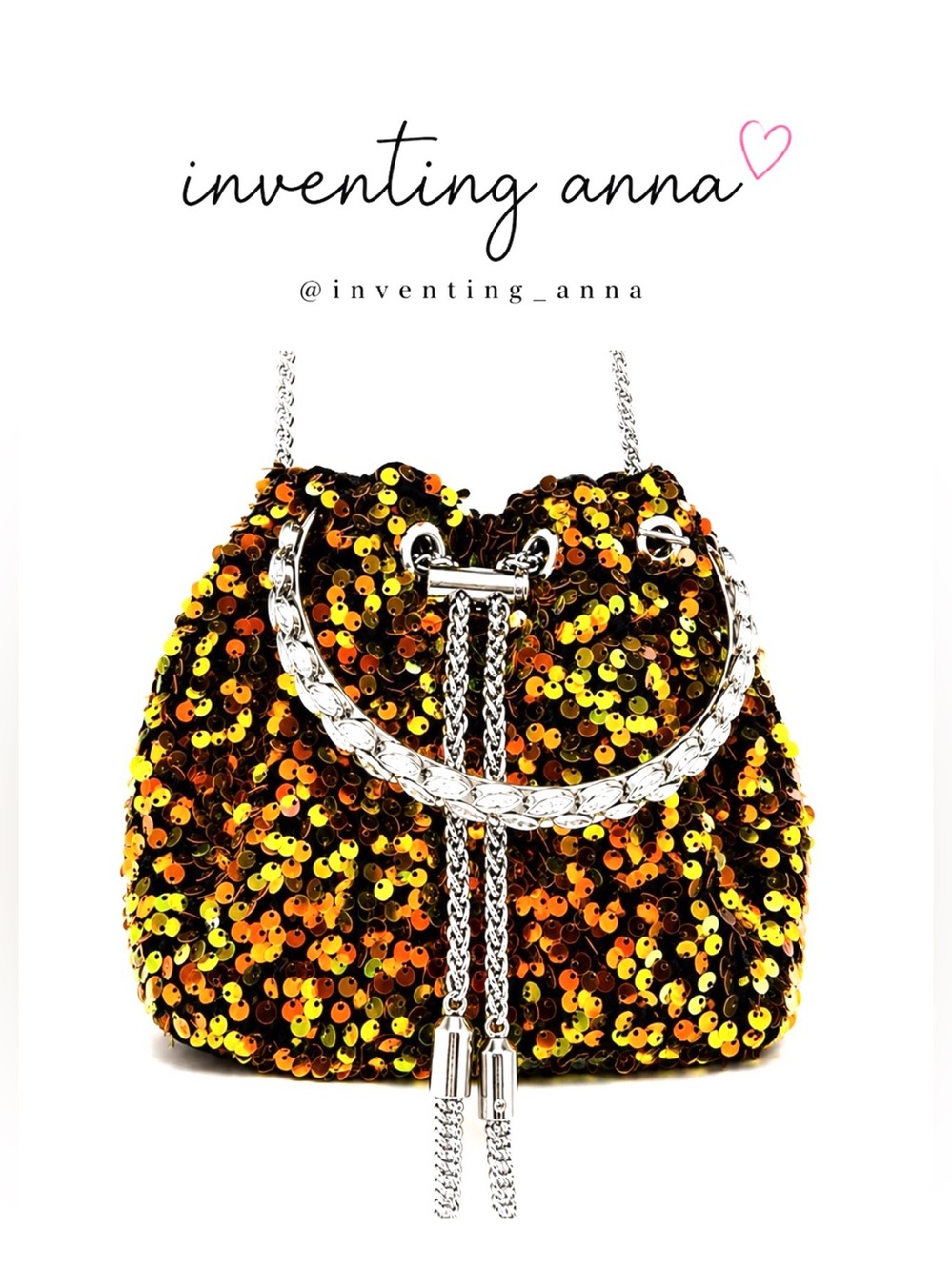 Sequin Drawstring Crossbody Bag w/Orange and Black Multicolor Sequins